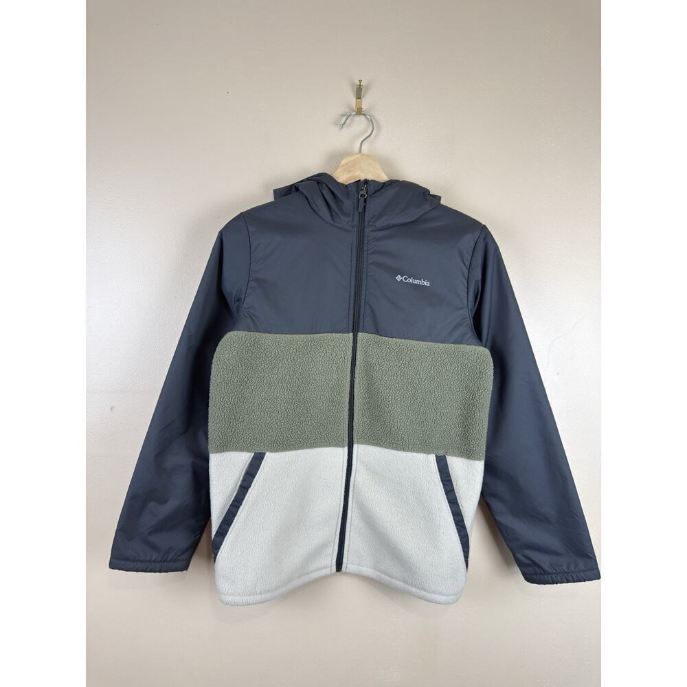 Columbia Boys Steens Mountain Hooded Fleece Jacket Large 14-16, Grey & Khaki